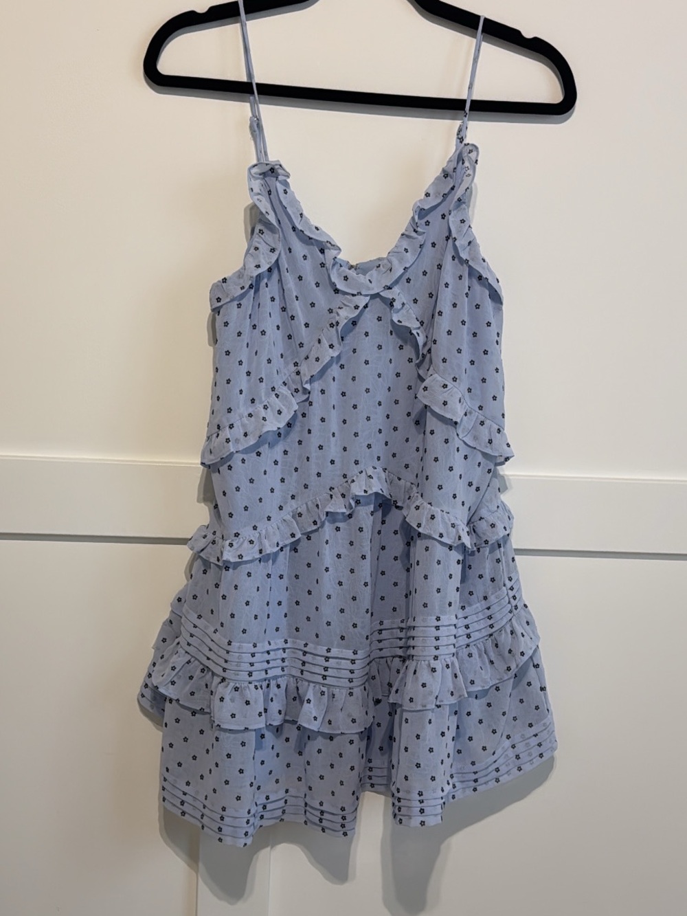 Storia Light Blue Ruffle Tiered Mini Skirt with Black Floral Dots